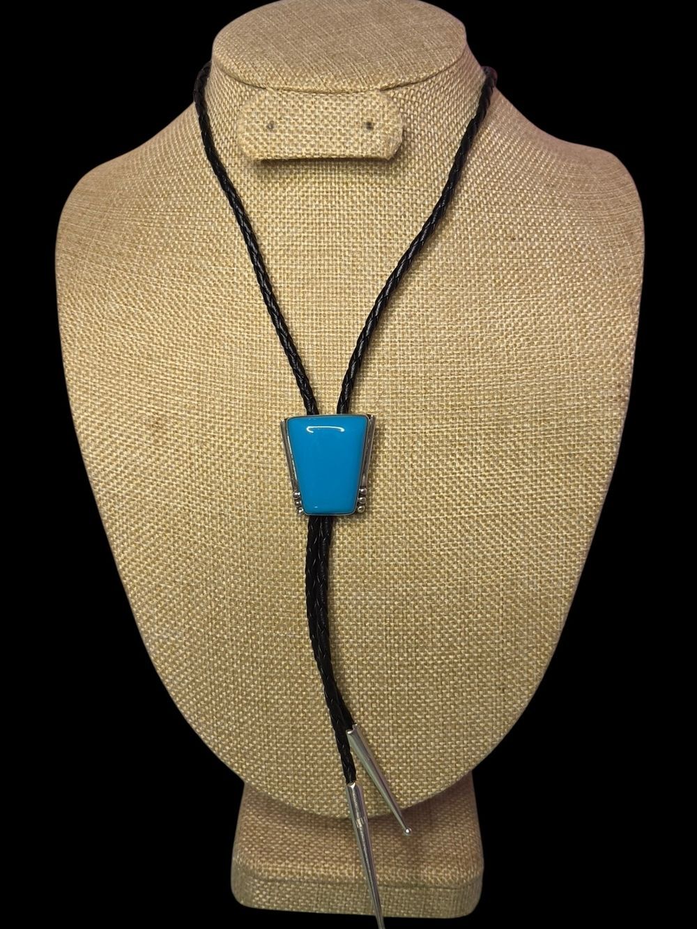 Vintage Sterling Turquoise Leather Bolo Tie Marked CC Southwestern Style